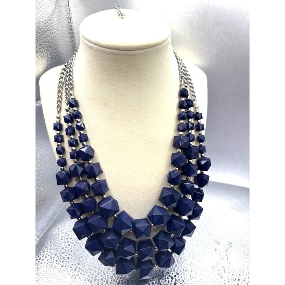 Charming Charly Chunky Geometric Blue Beaded Statement Necklace on Silver Chain - Picture 4 of 11